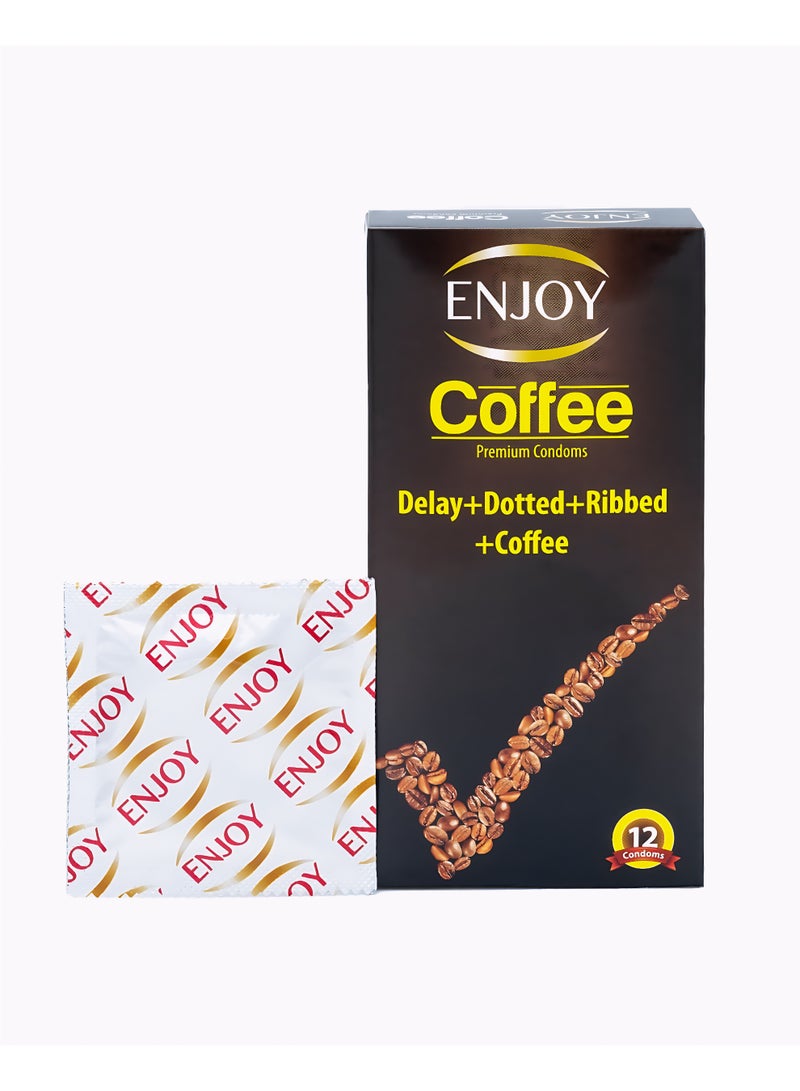 ENJOY Coffee Premium Condoms | Delay + Dotted + Ribbed + Coffee Flavor | Premium Natural Latex | Long-Lasting Pleasure & Extra Sensation | 12 pcs - Image 1