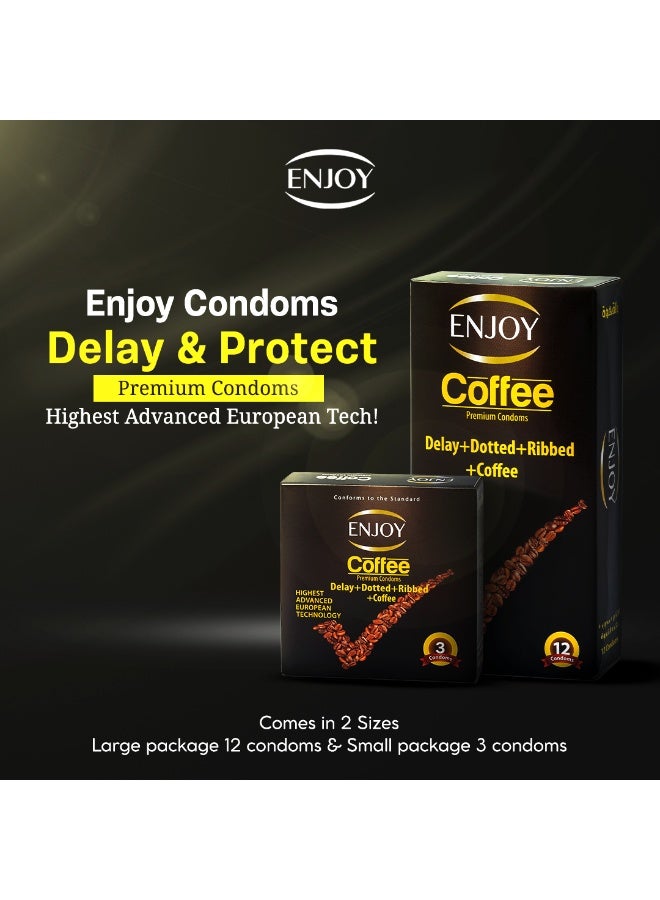 ENJOY Coffee Premium Condoms | Delay + Dotted + Ribbed + Coffee Flavor | Premium Natural Latex | Long-Lasting Pleasure & Extra Sensation | 12 pcs - Image 4