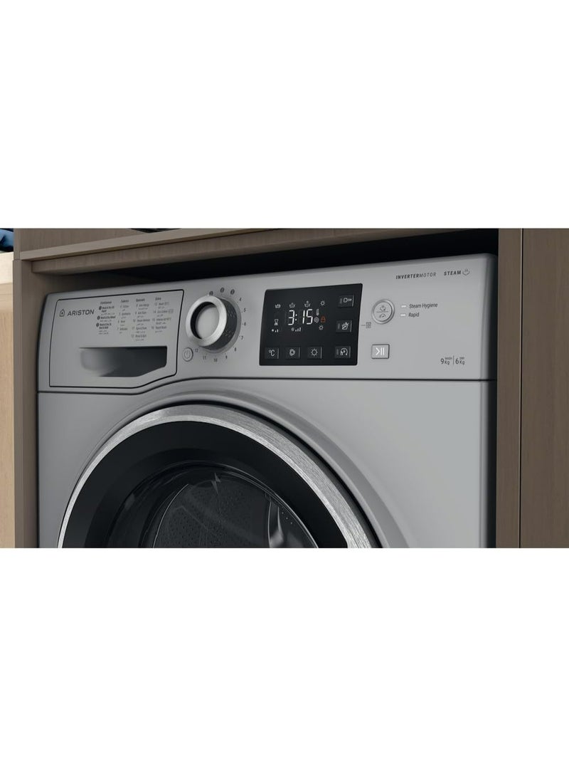 غسالة أريستون 9 كجم، مجفف 6 كجم، 1400 دورة في الدقيقة مع محرك عاكس، غسالة ومجفف أوتوماتيكي بالكامل، تحميل أمامي، 16 برنامج، بدء مؤجل، غسيل مسبق وغسيل سريع، صنع في إيطاليا، فضي، NDB9648SSGCC - Image 5