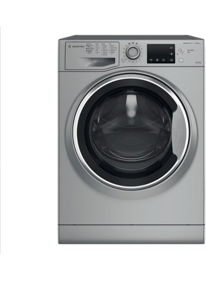 غسالة أريستون 9 كجم، مجفف 6 كجم، 1400 دورة في الدقيقة مع محرك عاكس، غسالة ومجفف أوتوماتيكي بالكامل، تحميل أمامي، 16 برنامج، بدء مؤجل، غسيل مسبق وغسيل سريع، صنع في إيطاليا، فضي، NDB9648SSGCC - Image 1