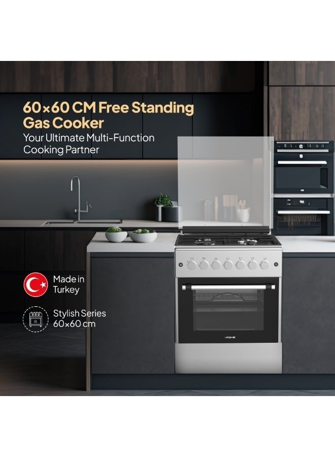 Krome 60x60 cm Free Standing Gas Cooker | 4 Euro Pool Gas Burners| Flame Failure| Stainless Steel | Single Turbo Fan | Even Heat Distribution | Push Button Ignition - KR-CR6061FE Grey - Image 3