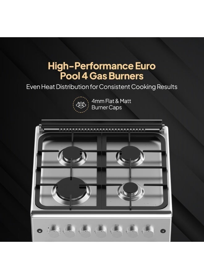 Krome 60x60 cm Free Standing Gas Cooker | 4 Euro Pool Gas Burners| Flame Failure| Stainless Steel | Single Turbo Fan | Even Heat Distribution | Push Button Ignition - KR-CR6061FE Grey - Image 2