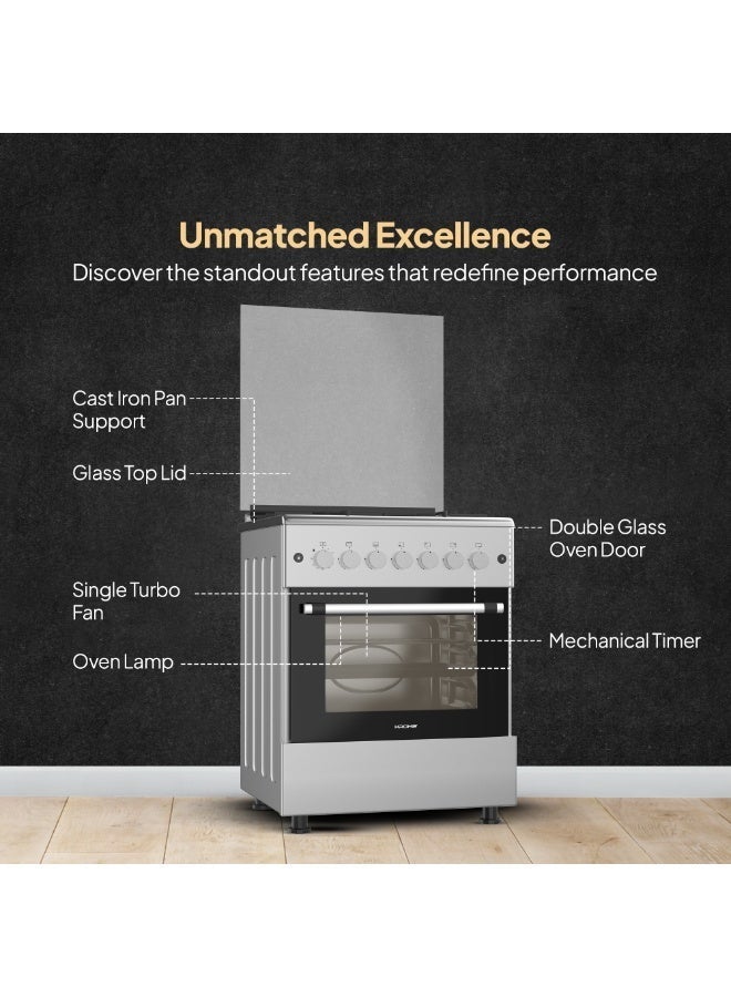 Krome 60x60 cm Free Standing Gas Cooker | 4 Euro Pool Gas Burners| Flame Failure| Stainless Steel | Single Turbo Fan | Even Heat Distribution | Push Button Ignition - KR-CR6061FE Grey - Image 5