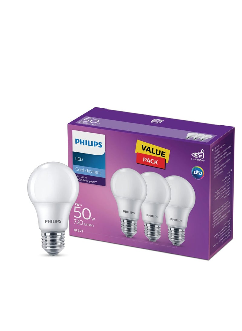 فيليبس A60 Frosted LED Bulb, Non-Dimmable, E27 Base, 9W-65W Equivalent, Cool Daylight 6500K, Value Pack of 3 E27 - Image 1
