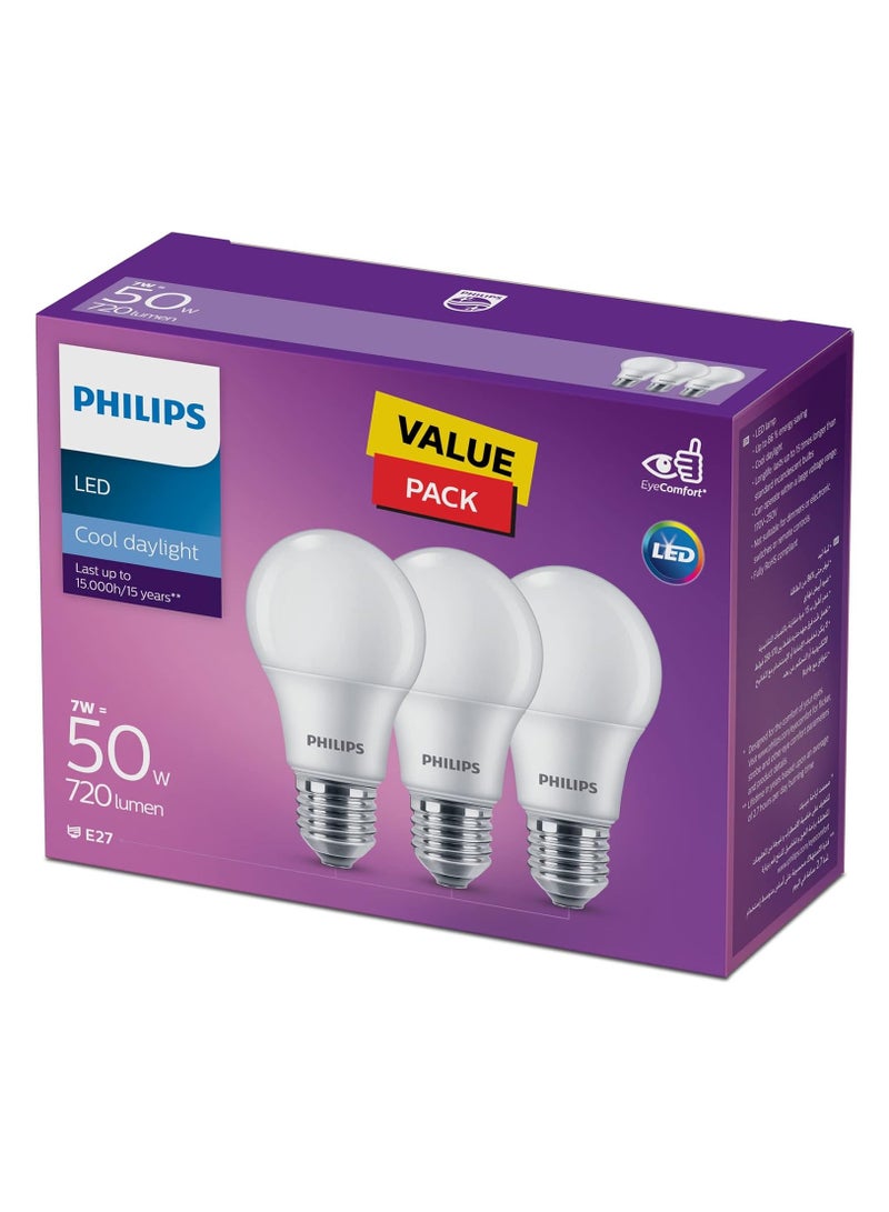 فيليبس A60 Frosted LED Bulb, Non-Dimmable, E27 Base, 9W-65W Equivalent, Cool Daylight 6500K, Value Pack of 3 E27 - Image 2