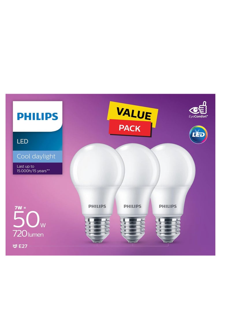فيليبس A60 Frosted LED Bulb, Non-Dimmable, E27 Base, 9W-65W Equivalent, Cool Daylight 6500K, Value Pack of 3 E27 - Image 3