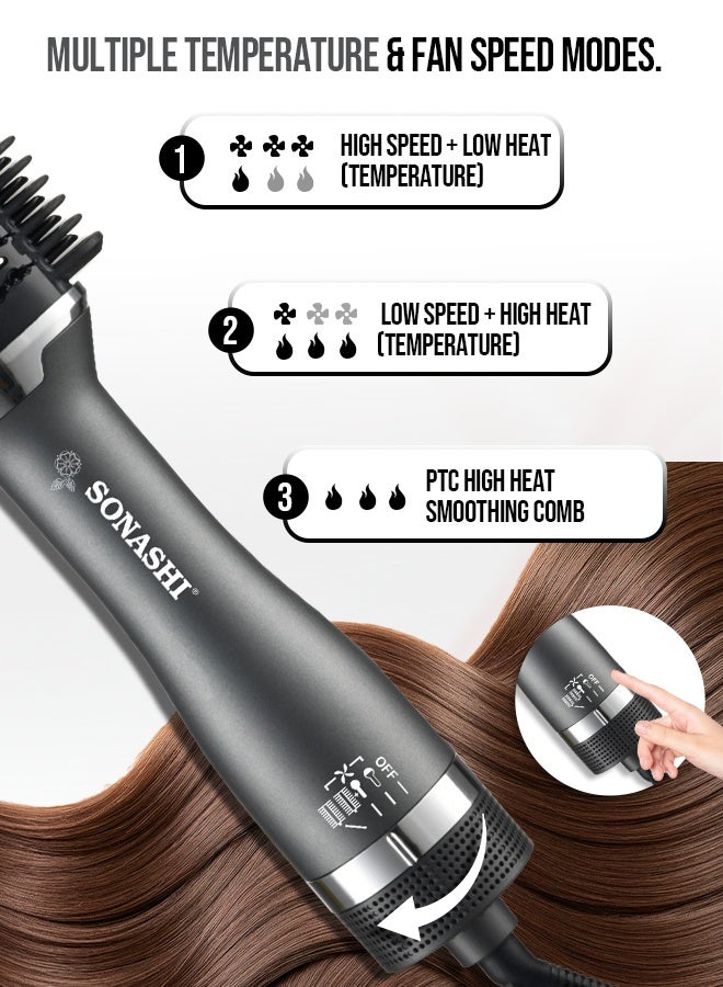 SONASHI 3-in-1 Hot Air Brush with Ceramic Oval Barrel| LED Straightener Indicator & PTC Fast-Heat Comb | 3 Heat & 2 Speed Settings | 1200W DC Motor | 360° Swivel Cord & Soft Brush Bristles for Smooth, Voluminous Styling SHS-2094 Black - Image 2