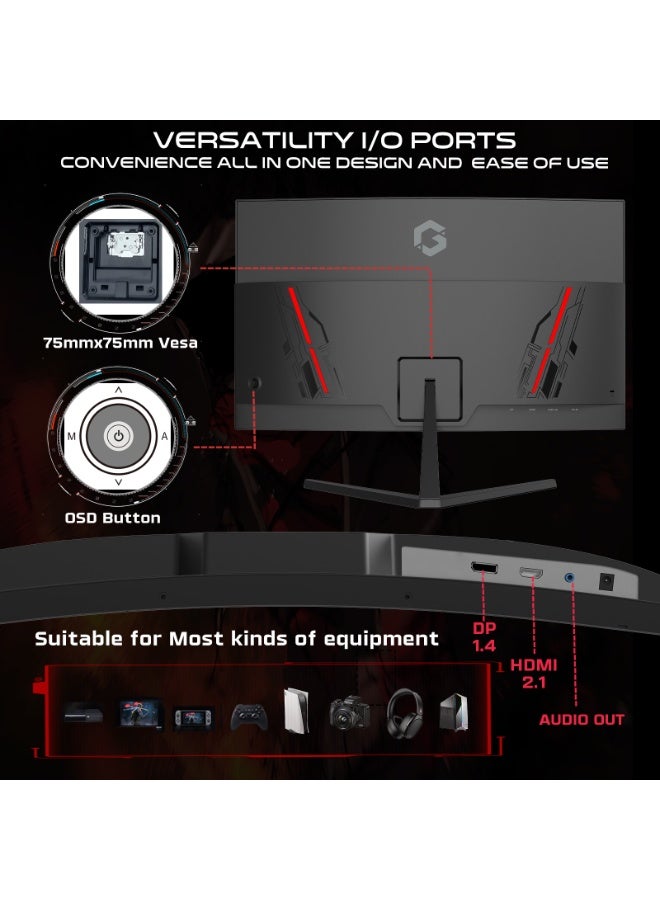 GAMEON 27 Inch Curved Gaming Monitor FHD 1920×1080 180 Hz Gaming Monitors – 0.5 ms MPRT, Adaptive‑Sync/FreeSync, HDR10, 4000:1 Contrast, Built‑In Speakers, HDMI 2.1 & DP 1.4, Ergonomic Tilt black - Image 5