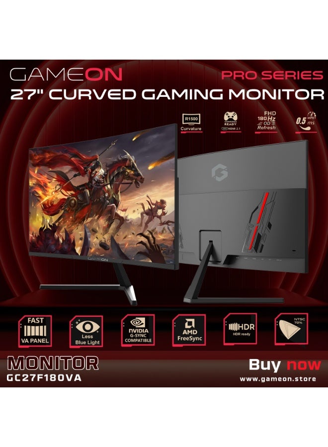 GAMEON 27 Inch Curved Gaming Monitor FHD 1920×1080 180 Hz Gaming Monitors – 0.5 ms MPRT, Adaptive‑Sync/FreeSync, HDR10, 4000:1 Contrast, Built‑In Speakers, HDMI 2.1 & DP 1.4, Ergonomic Tilt black - Image 3