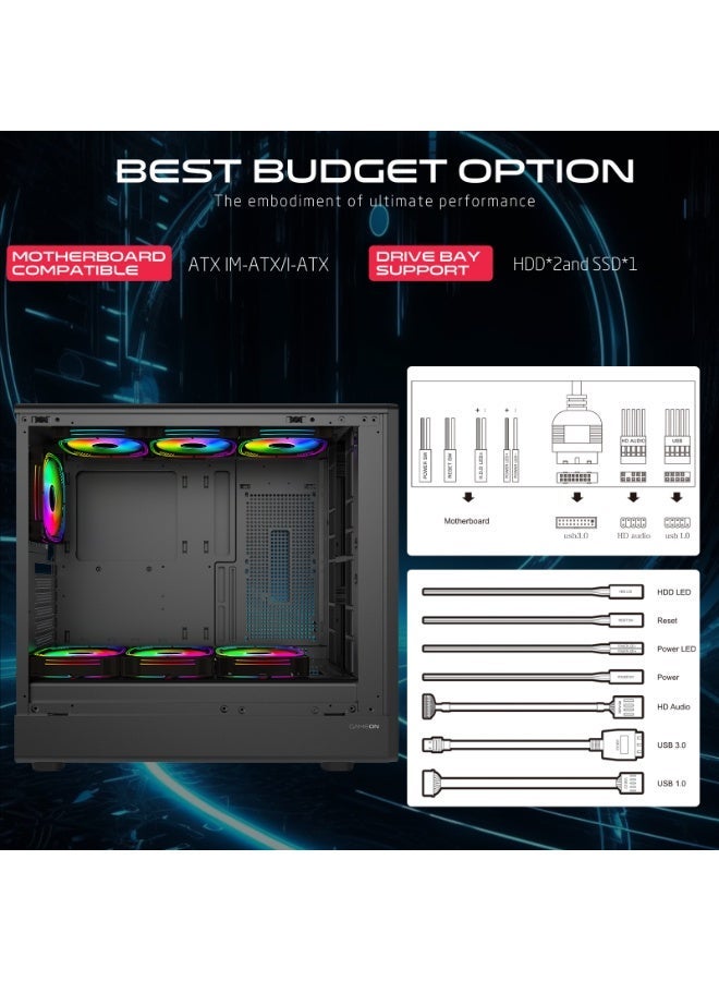 جايم أون حالة الألعاب المتوسطة ARGB – 7 مراوح ARGB بحجم 120 مم، تدفق هواء عالي، زجاج مقسى، تحكم PWM، ATX/M-ATX/ITX، USB Type-C، دعم GPU حتى 420 مم – سلسلة منتصف الليل TIMBERI خشب/أسود - Image 5