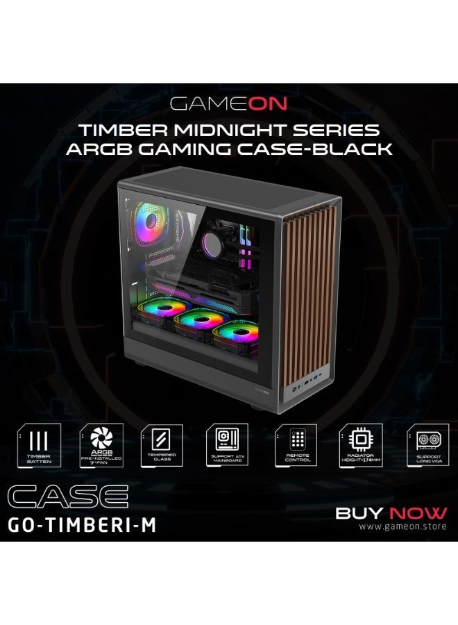 جايم أون حالة الألعاب المتوسطة ARGB – 7 مراوح ARGB بحجم 120 مم، تدفق هواء عالي، زجاج مقسى، تحكم PWM، ATX/M-ATX/ITX، USB Type-C، دعم GPU حتى 420 مم – سلسلة منتصف الليل TIMBERI خشب/أسود - Image 2