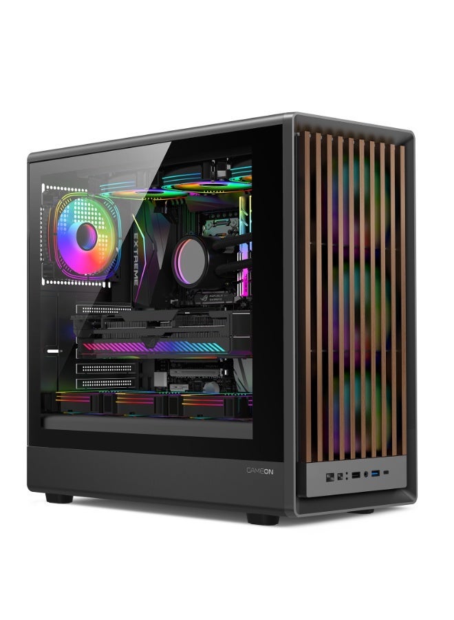 جايم أون حالة الألعاب المتوسطة ARGB – 7 مراوح ARGB بحجم 120 مم، تدفق هواء عالي، زجاج مقسى، تحكم PWM، ATX/M-ATX/ITX، USB Type-C، دعم GPU حتى 420 مم – سلسلة منتصف الليل TIMBERI خشب/أسود - Image 1