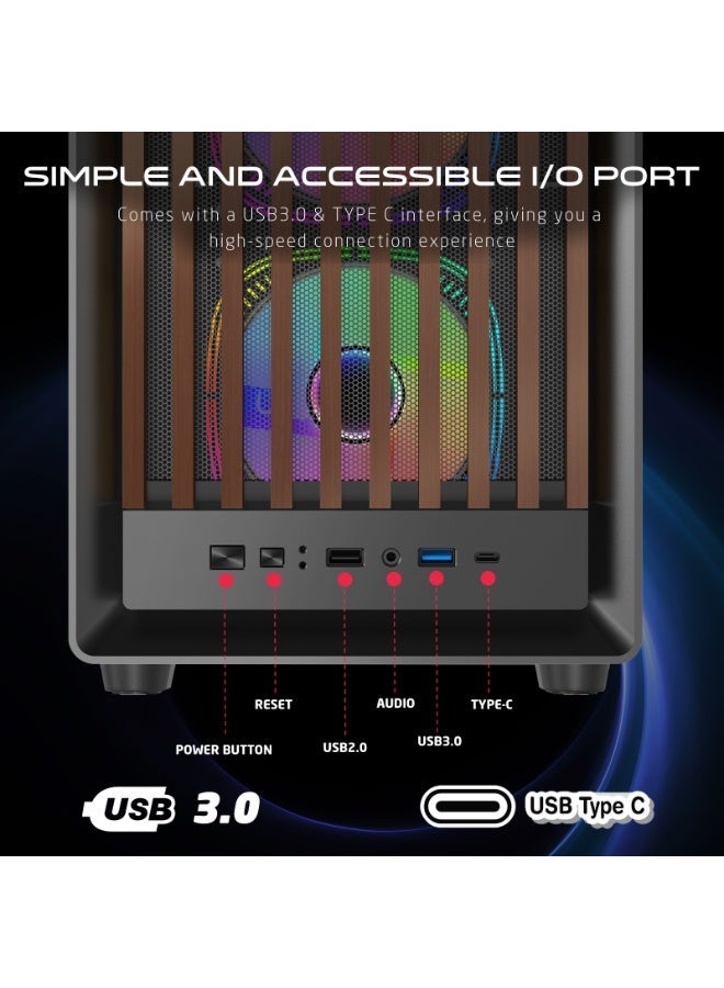 جايم أون حالة الألعاب المتوسطة ARGB – 7 مراوح ARGB بحجم 120 مم، تدفق هواء عالي، زجاج مقسى، تحكم PWM، ATX/M-ATX/ITX، USB Type-C، دعم GPU حتى 420 مم – سلسلة منتصف الليل TIMBERI خشب/أسود - Image 4