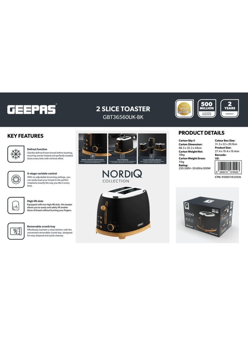 GEEPAS Nordiq Collection Bread Toaster- GBT36560UK-BK/ 850W, 2 Slice Slot, with 6 Adjustable Browning Control and Removable Crumb Tray, Defrost, Reheat and Cancel Button/ Perfect for Toasting Different Types Breads/ 2 Years Warranty 850 W GBT36560UK-BK BLACK - Image 2