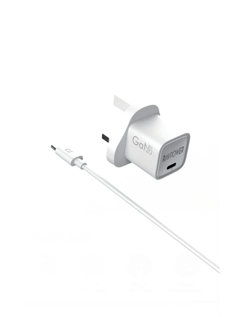 راف باور 2 in 1 Combo  Wall Charger 20 Watt Kit with (Type-C to Type-C Cable) - White - Image 1