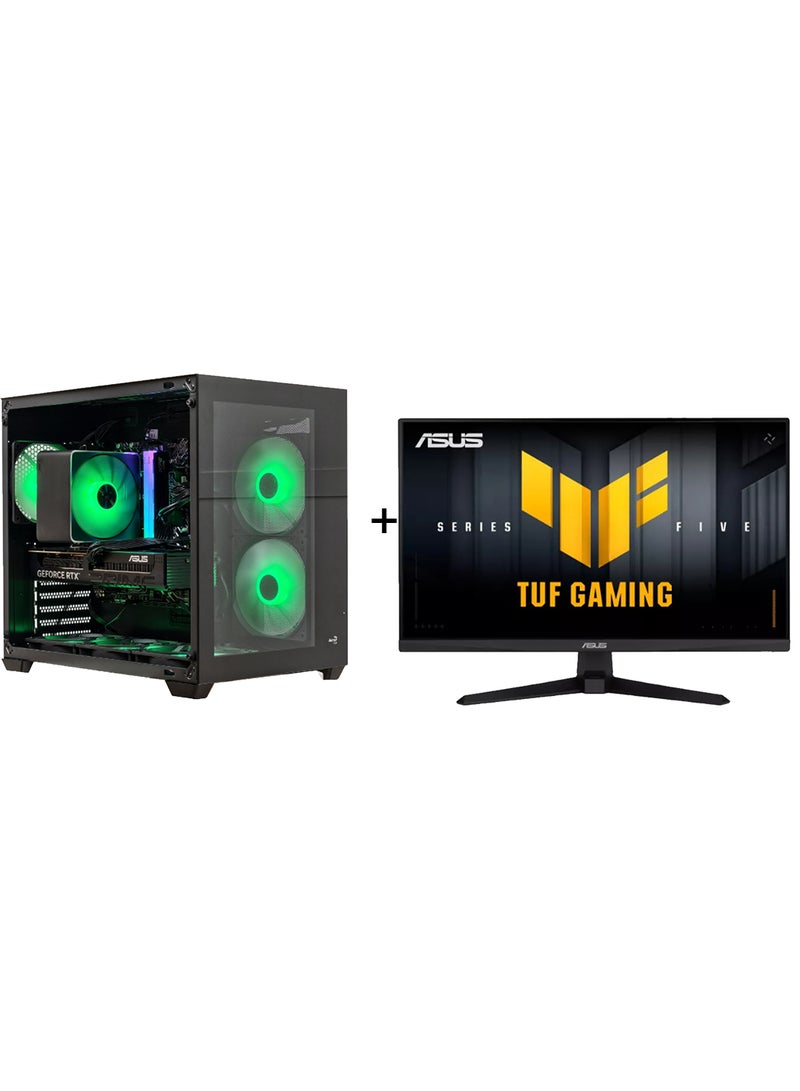 إس بي سيست جهاز كمبيوتر للألعاب من Rain مزود بمعالج Intel Core i5-12400F، وذاكرة وصول عشوائي DDR5 سعة 16 جيجابايت، وقرص SSD سعة 1 تيرابايت، وبطاقة رسومات Nvidia GeForce RTX 5060 Ti بسعة 16 جيجابايت، ونظام تشغيل Windows 11 Pro، وشاشة ألعاب ASUS مقاس 27 بوصة. - Image 1