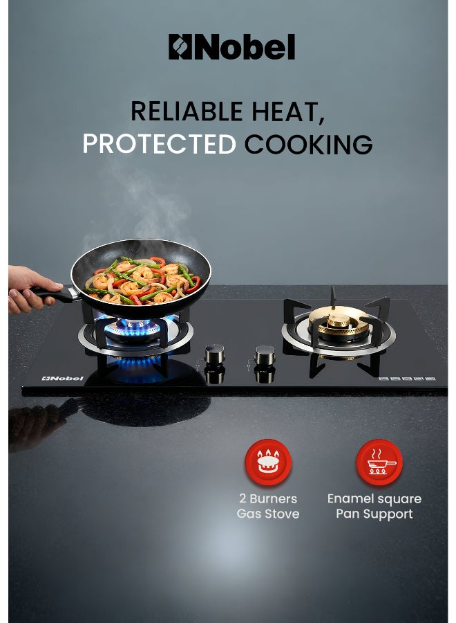 نوبل موقد غاز ذو شعلتين مع زجاج مقسى بسمك 8 مم | شعلات نحاسية ثقيلة | دعم مقلاة من الحديد الزهر | جهاز إيقاف اللهب | موقد غاز مدمج - NGT2211 (ضمان سنة واحدة) - Image 5