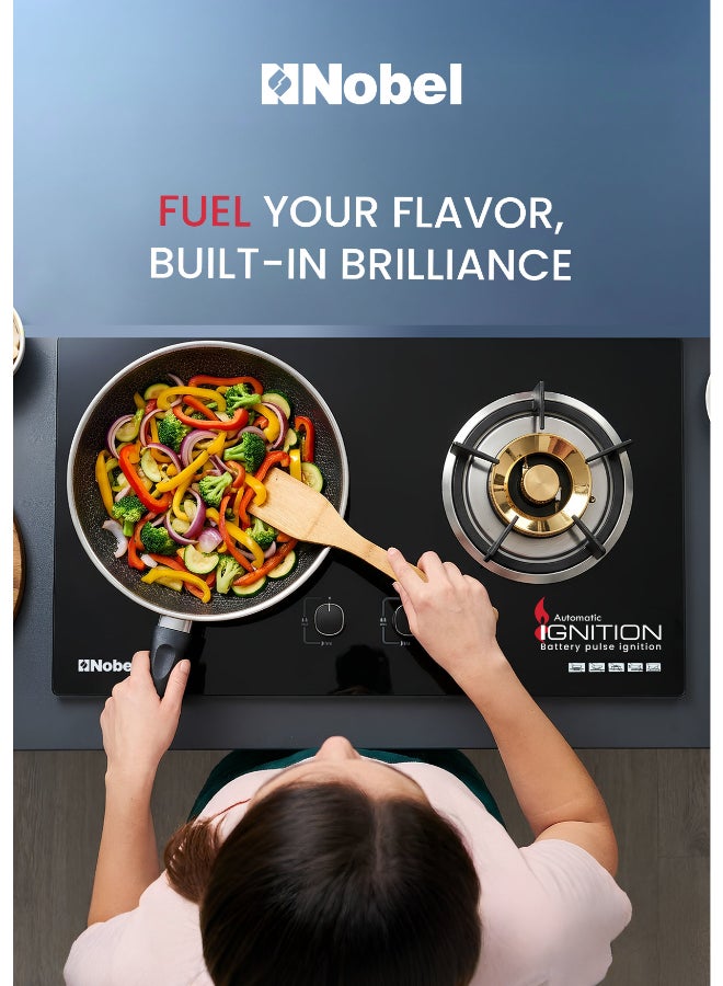 نوبل موقد غاز ذو شعلتين مع زجاج مقسى بسمك 8 مم | شعلات نحاسية ثقيلة | دعم مقلاة من الحديد الزهر | جهاز إيقاف اللهب | موقد غاز مدمج - NGT2211 (ضمان سنة واحدة) - Image 3