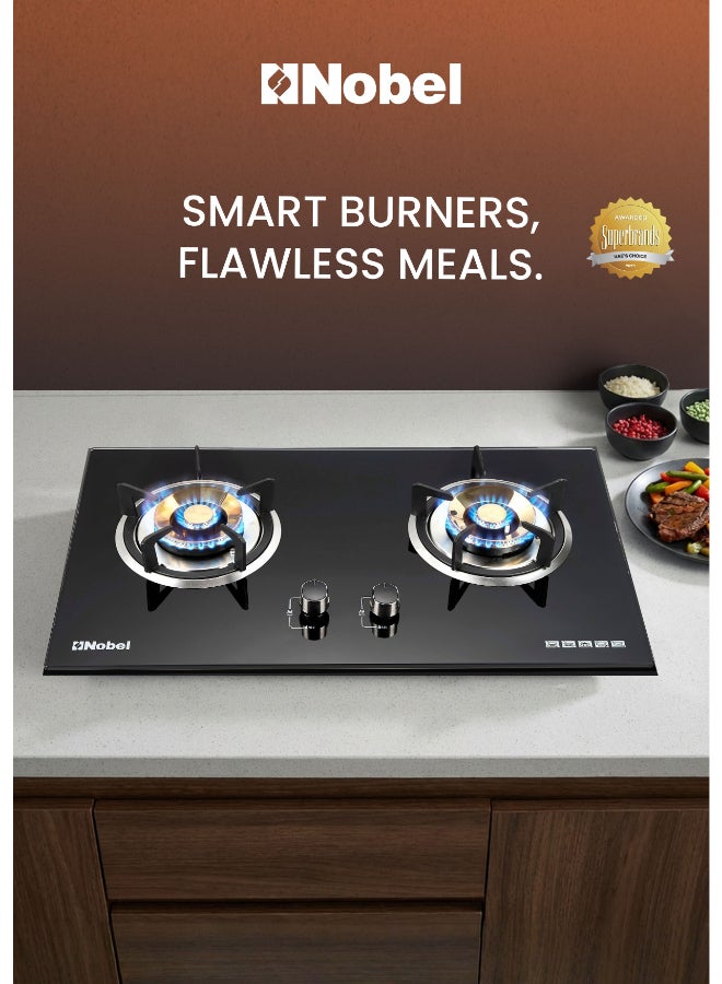 نوبل موقد غاز ذو شعلتين مع زجاج مقسى بسمك 8 مم | شعلات نحاسية ثقيلة | دعم مقلاة من الحديد الزهر | جهاز إيقاف اللهب | موقد غاز مدمج - NGT2211 (ضمان سنة واحدة) - Image 2