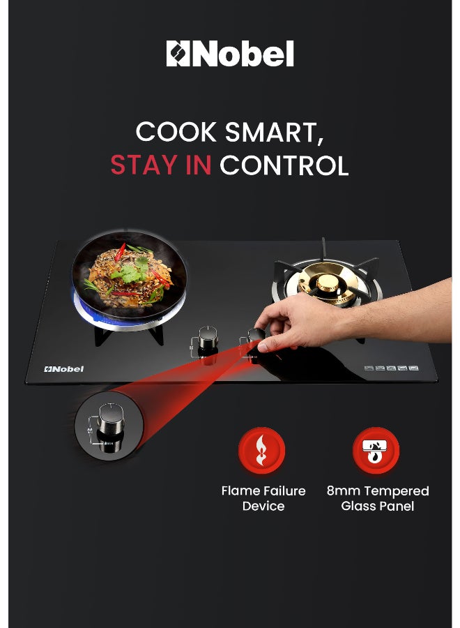 نوبل موقد غاز ذو شعلتين مع زجاج مقسى بسمك 8 مم | شعلات نحاسية ثقيلة | دعم مقلاة من الحديد الزهر | جهاز إيقاف اللهب | موقد غاز مدمج - NGT2211 (ضمان سنة واحدة) - Image 4