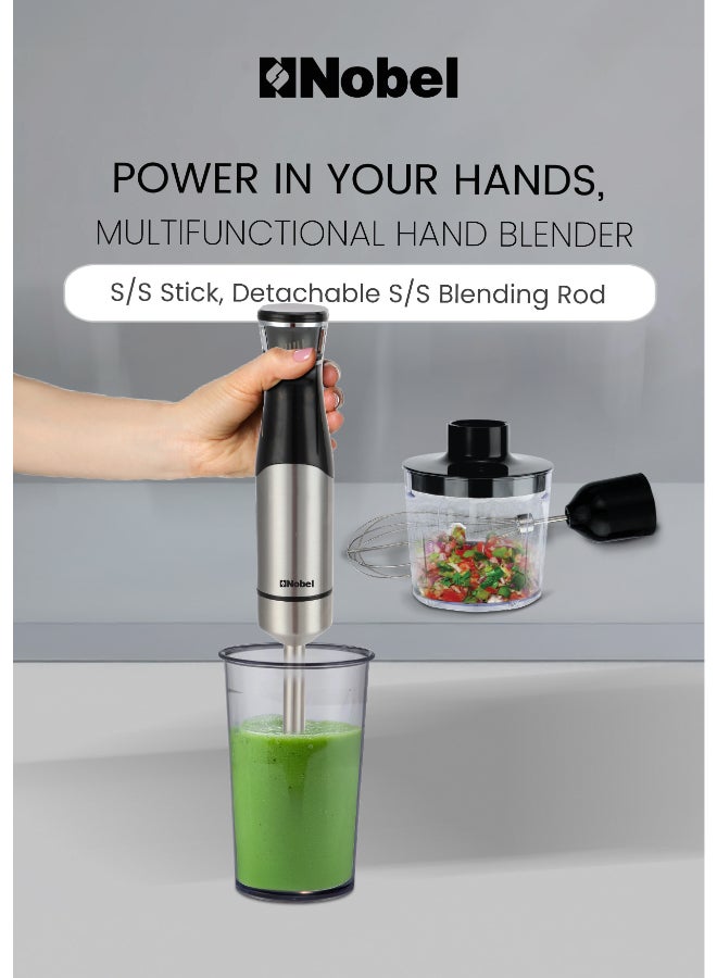 نوبل خلاط يدوي 1000 واط بسرعات متغيرة، شفرة من الفولاذ المقاوم للصدأ، مفرمة، خفاقة، كوب قياس، قضيب قابل للفصل NHB446 (ضمان سنة واحدة) - Image 3