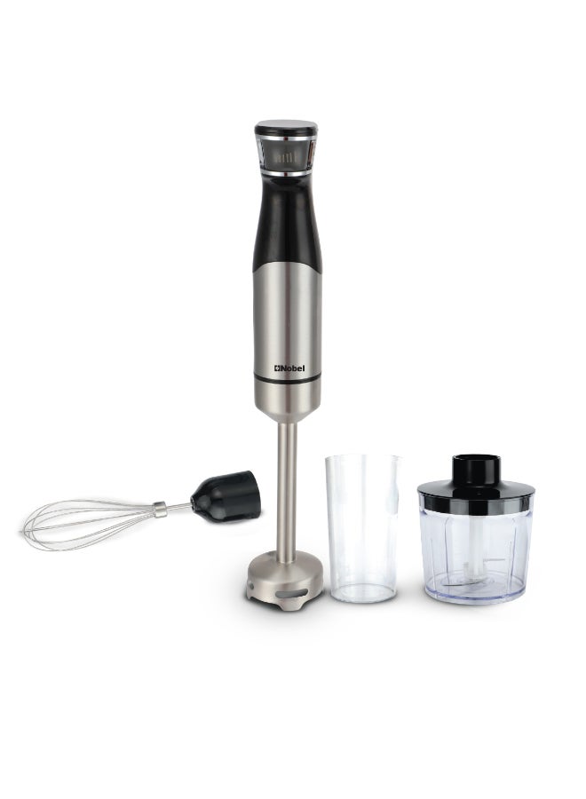 نوبل خلاط يدوي 1000 واط بسرعات متغيرة، شفرة من الفولاذ المقاوم للصدأ، مفرمة، خفاقة، كوب قياس، قضيب قابل للفصل NHB446 (ضمان سنة واحدة) - Image 1