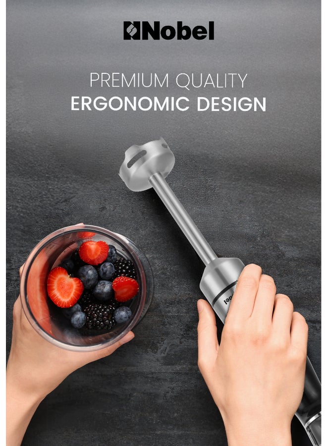 نوبل خلاط يدوي 1000 واط بسرعات متغيرة، شفرة من الفولاذ المقاوم للصدأ، مفرمة، خفاقة، كوب قياس، قضيب قابل للفصل NHB446 (ضمان سنة واحدة) - Image 5