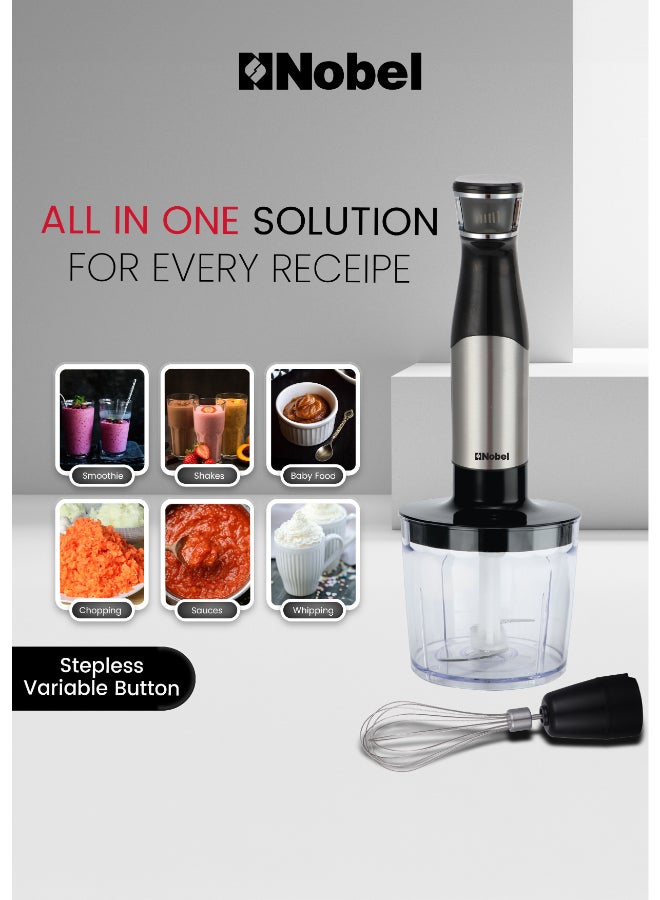 نوبل خلاط يدوي 1000 واط بسرعات متغيرة، شفرة من الفولاذ المقاوم للصدأ، مفرمة، خفاقة، كوب قياس، قضيب قابل للفصل NHB446 (ضمان سنة واحدة) - Image 4