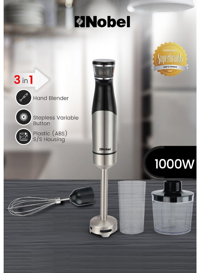 نوبل خلاط يدوي 1000 واط بسرعات متغيرة، شفرة من الفولاذ المقاوم للصدأ، مفرمة، خفاقة، كوب قياس، قضيب قابل للفصل NHB446 (ضمان سنة واحدة) - Image 2