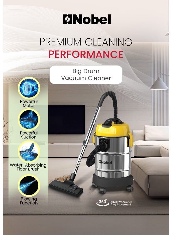 Nobel Wet & Dry Vacuum Cleaner 21L  3-in-1 Drum Vacuum, 1200W Powerful Suction, Stainless Steel Tank, Multi-Filtration System – NVC2323WD (1 Year Warranty) 21 L 1200 W NVC2323WD silver - Image 3