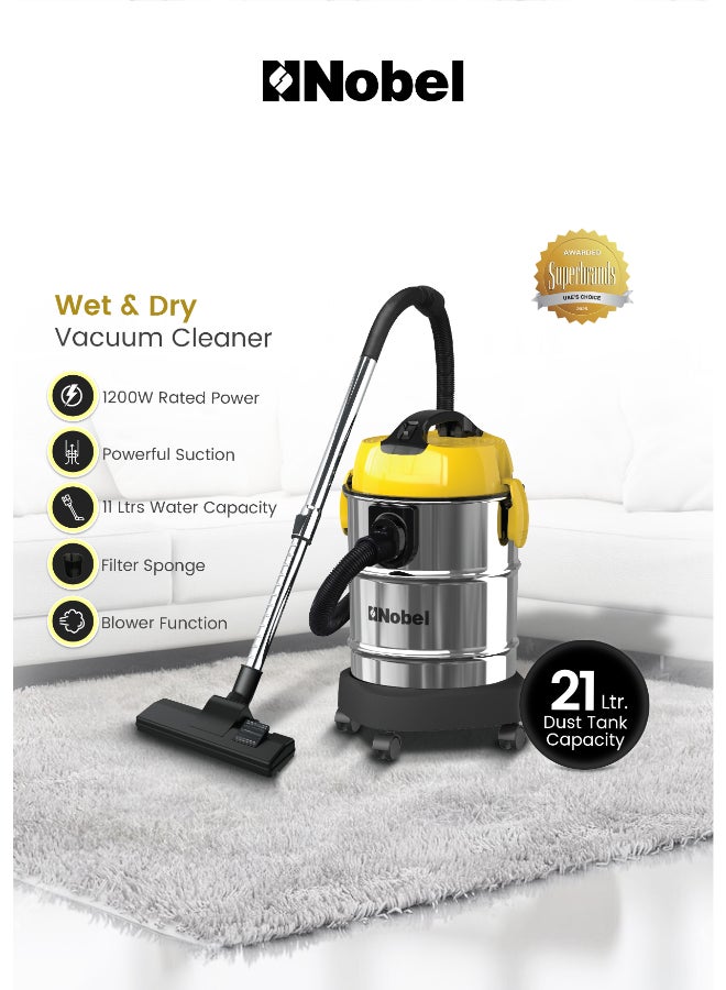 Nobel Wet & Dry Vacuum Cleaner 21L  3-in-1 Drum Vacuum, 1200W Powerful Suction, Stainless Steel Tank, Multi-Filtration System – NVC2323WD (1 Year Warranty) 21 L 1200 W NVC2323WD silver - Image 2