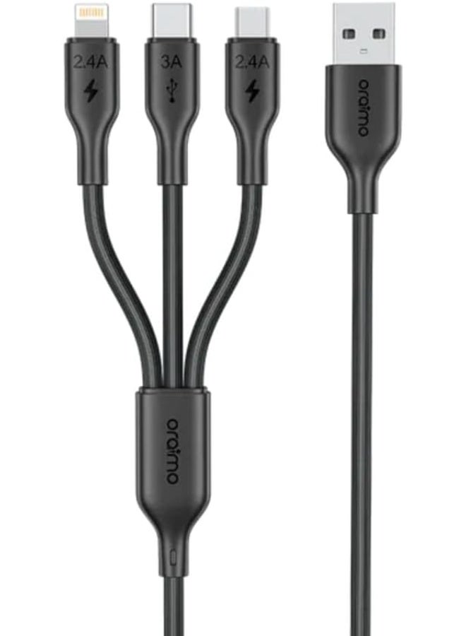 Oraimo Duraline 4 Ocd-118Mcl Premium 3-In-1 Multi-Functional Fast Charging & Data Cable – Usb-A To Type-C/Lightning/Micro 60W High Speed Power Delivery – 1.2 M Length Black