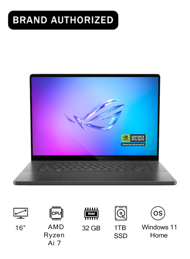 أسوس لابتوب ROG Zephyrus بشاشة 16 إنش بدقة Full HD، مع معالج AMD AI 7 350/32 جيجابايت RAM/1 تيرابايت SSD/بطاقة رسومات Nvidia RTX 5060/نظام Windows 11 Home - Image 1