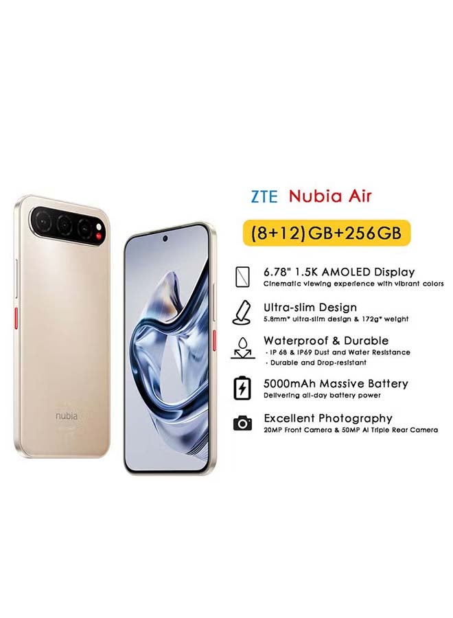 ZTE nubia Air Ultra-Slim Dual SIM Smartphone – Titanium Desert – 6.78" 120Hz AMOLED Display – 8GB+12GB RAM, 256GB Storage – Unisoc T8300 – 50MP Rear Camera, 20MP Front Camera – 5000mAh Battery with 33W Charging – IP68/IP69K Water & Dust Resistant – 5G – Middle East Version + RIVERSONG Audio Wireless Headphones - Image 2