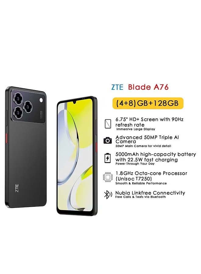 زد تي اي هاتف ZTE Blade A76 ثنائي الشريحة – أسود كربوني – شاشة IPS LCD بحجم 6.75" ومعدل تحديث 90Hz – 4GB+8GB ذاكرة عشوائية، 128GB تخزين – معالج ثماني النواة بسرعة 1.8GHz – كاميرا خلفية مزدوجة بدقة 50MP – بطارية بسعة 5000mAh مع شحن سريع بقوة 22.5W – مقاوم للغبار والماء بمعيار IP54 – نسخة الشرق الأوسط + سماعة أذن لاسلكية RIVERSONG سوداء - Image 2
