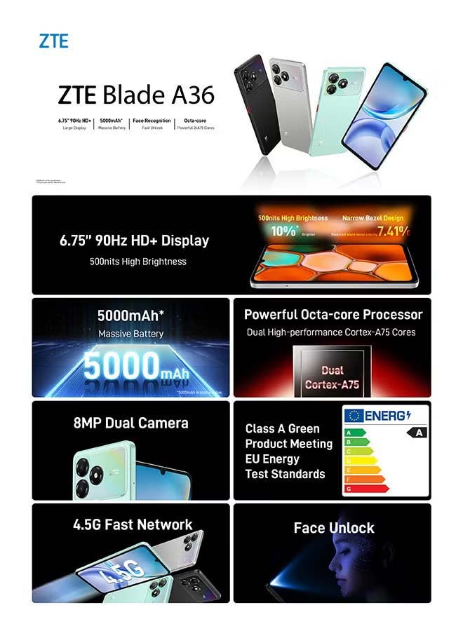 زد تي اي هاتف ZTE Blade A36 ثنائي الشريحة – ذهب تيتانيوم – شاشة 6.75 بوصة بتردد 90 هرتز – 4GB+8GB ذاكرة عشوائية، 128GB تخزين – بطارية 5000mAh – كاميرا 13MP – معالج Unisoc T7200 – نسخة الشرق الأوسط – 4G + سماعة Riversong سلكية بيضاء مع جاك 3.5 مم - Image 5