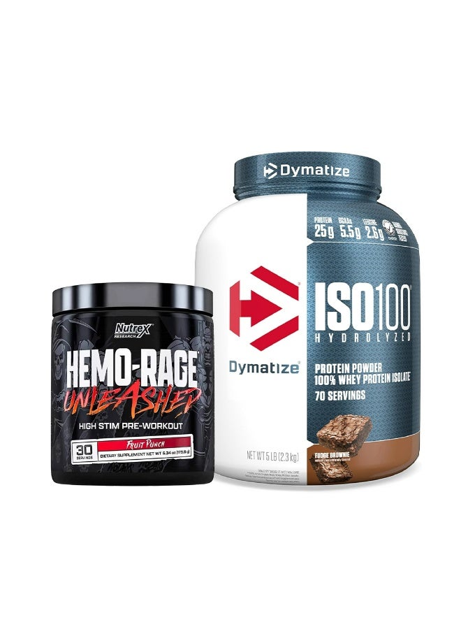 ديماتيز ISO100 Fudge Brownie 5 Lb + Nutrex Hemo-Rage Fruit Punch 30 Servings - Image 1