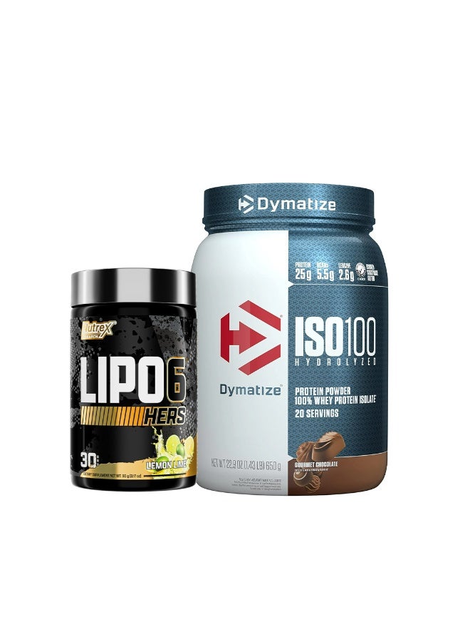 ديماتيز عرض الحزمة – ISO100 20 حصة شوكولاتة غنية و Lipo6 Hers ليمون ليمون 30 حصة - Image 1