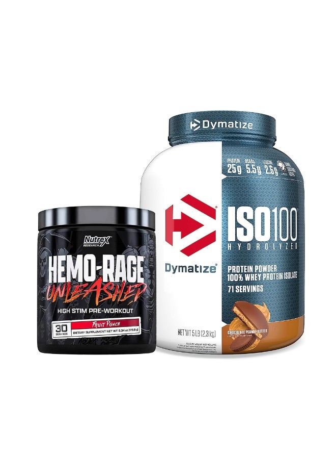ديماتيز ISO100 Chocolate Peanut Butter 5 Lb + Nutrex Hemo-Rage Fruit Punch 30 Servings - Image 1