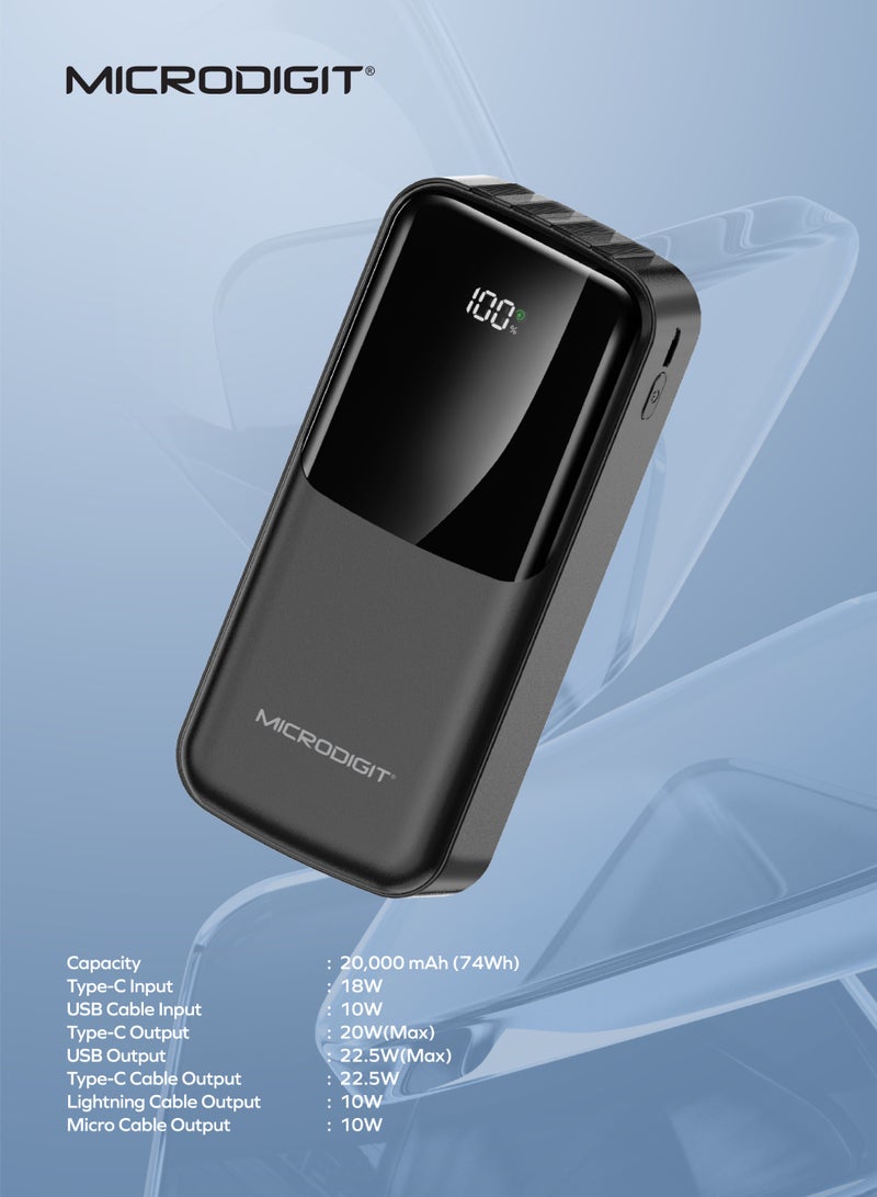 Microdigit 20000 mAh Power Bank USB 22.5W and 20W PD with 4 inbuilt cables Lightning And Type C , Fast Charing, Digital Display - MC603P BLACK - Image 4