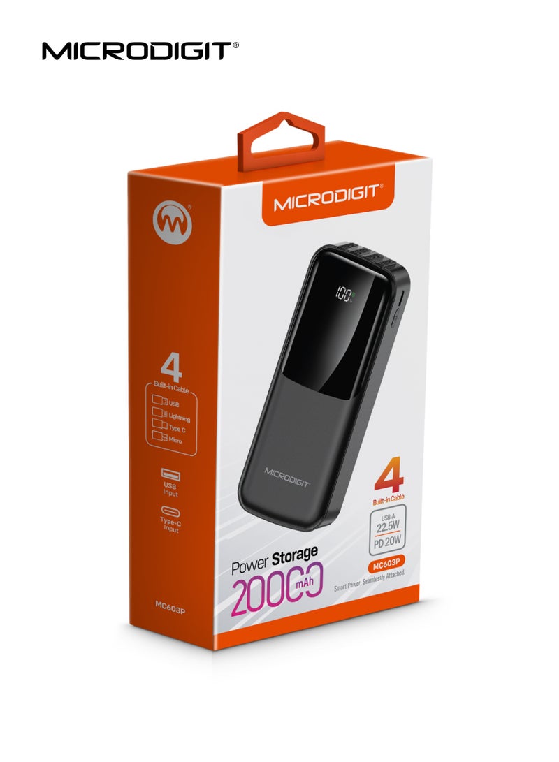 Microdigit 20000 mAh Power Bank USB 22.5W and 20W PD with 4 inbuilt cables Lightning And Type C , Fast Charing, Digital Display - MC603P BLACK - Image 5