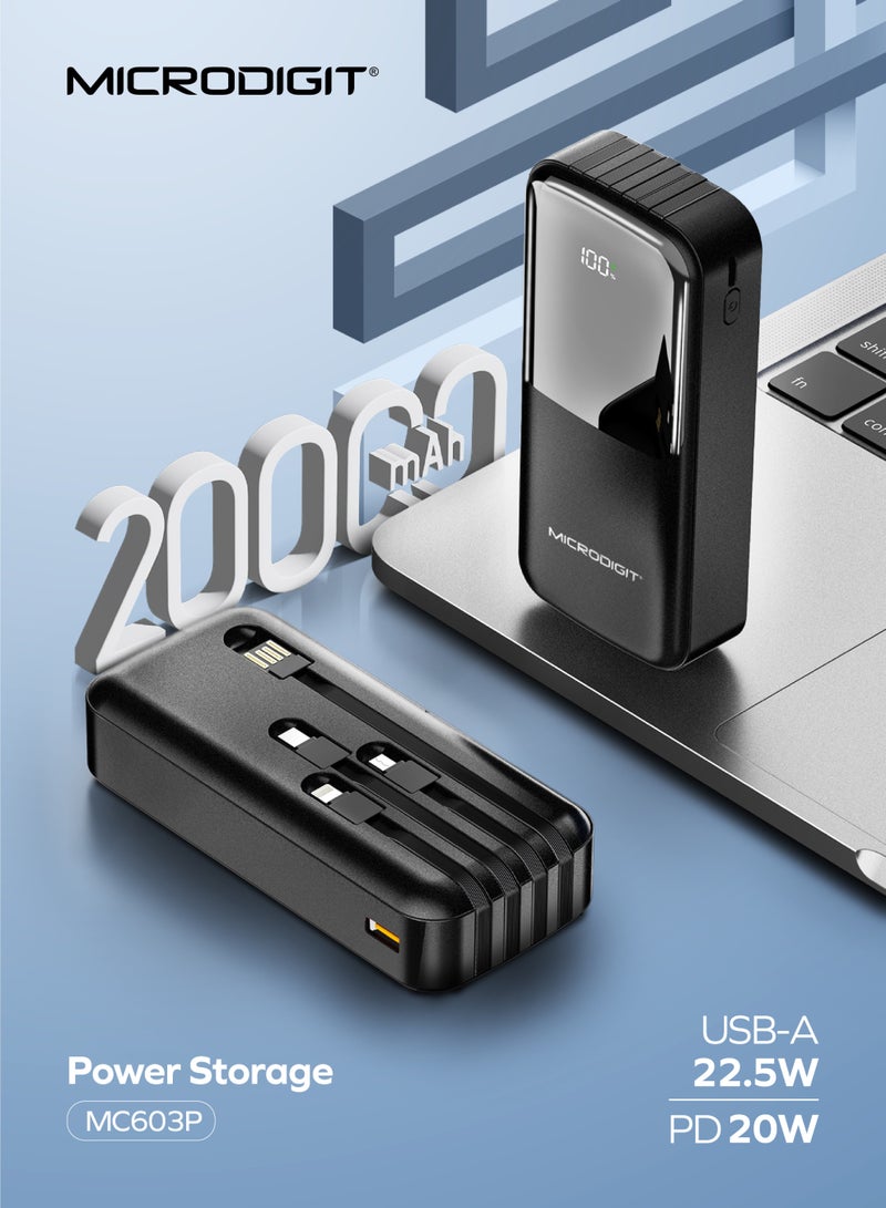 Microdigit 20000 mAh Power Bank USB 22.5W and 20W PD with 4 inbuilt cables Lightning And Type C , Fast Charing, Digital Display - MC603P BLACK - Image 2