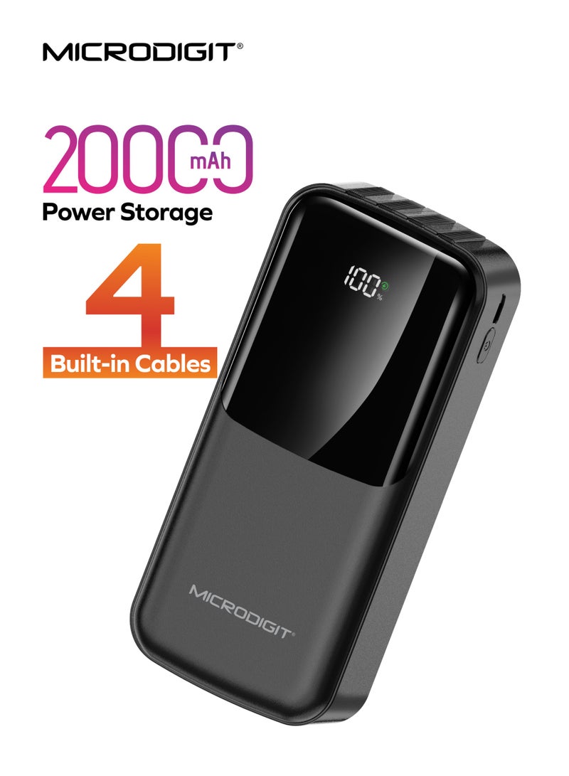 Microdigit 20000 mAh Power Bank USB 22.5W and 20W PD with 4 inbuilt cables Lightning And Type C , Fast Charing, Digital Display - MC603P BLACK - Image 1