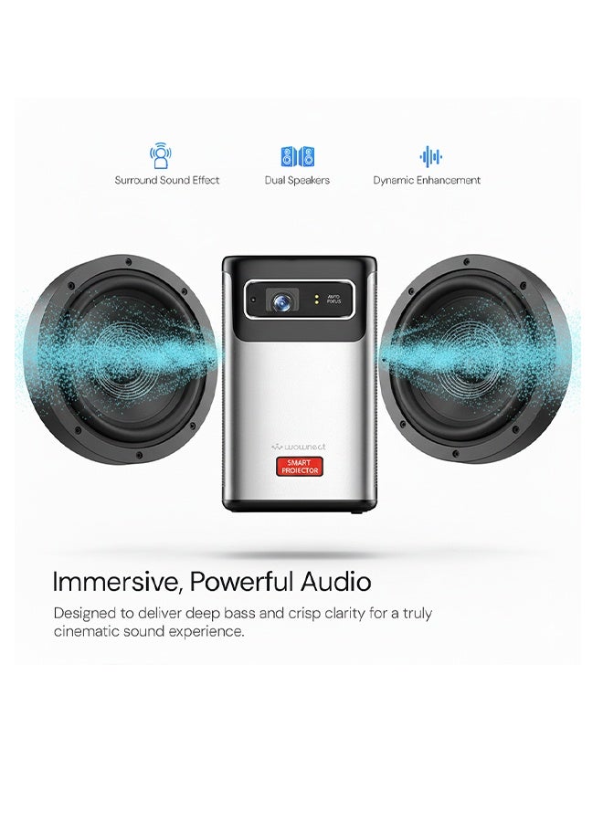 Wownect Android DLP Projector | 300 ANSI Lumens | 8000mAh Battery | Auto Focus & Keystone | 4K HDR 3D Support | 300" Screen | 10W Speaker | 5G WiFi & BT 5.0 | Portable Projector for Home, Outdoor & Office PROJ-WO-116-AN Grey - Image 3