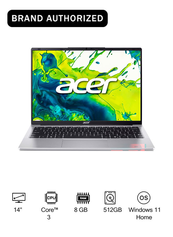 Acer Aspire Lite AL14 Laptop with 14th Gen Intel Core 3-N355 Octa Cores Upto 3.9GHz/8GB LPDDR5 RAM/512GB SSD Storage/Intel Graphics/14" WUXGA IPS SlimBezel Display/WiFi-6/Win 11 Home silver - Image 1