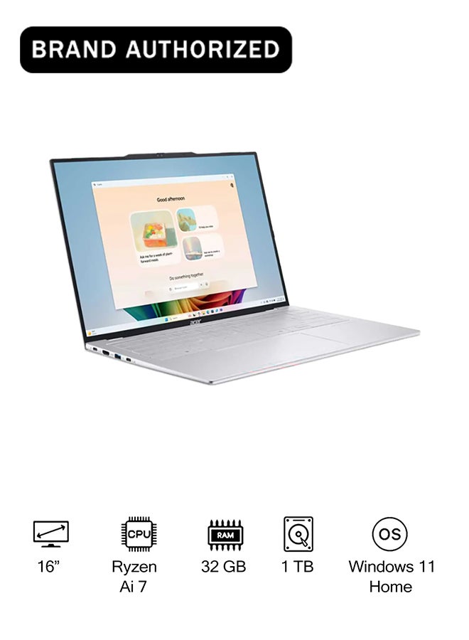 Acer Swift Air 16 AI Laptop with AMD Ryzen AI 7-350 (Upto 66 TOPS) Octa Core Upto 5.0GHz/32GB LPDDR5 RAM/1TB SSD Storage/AMD Radeon™ 860M Graphics/16" WUXGA OLED Display/WiFi-6/Win 11 English/Arabic silver - Image 1