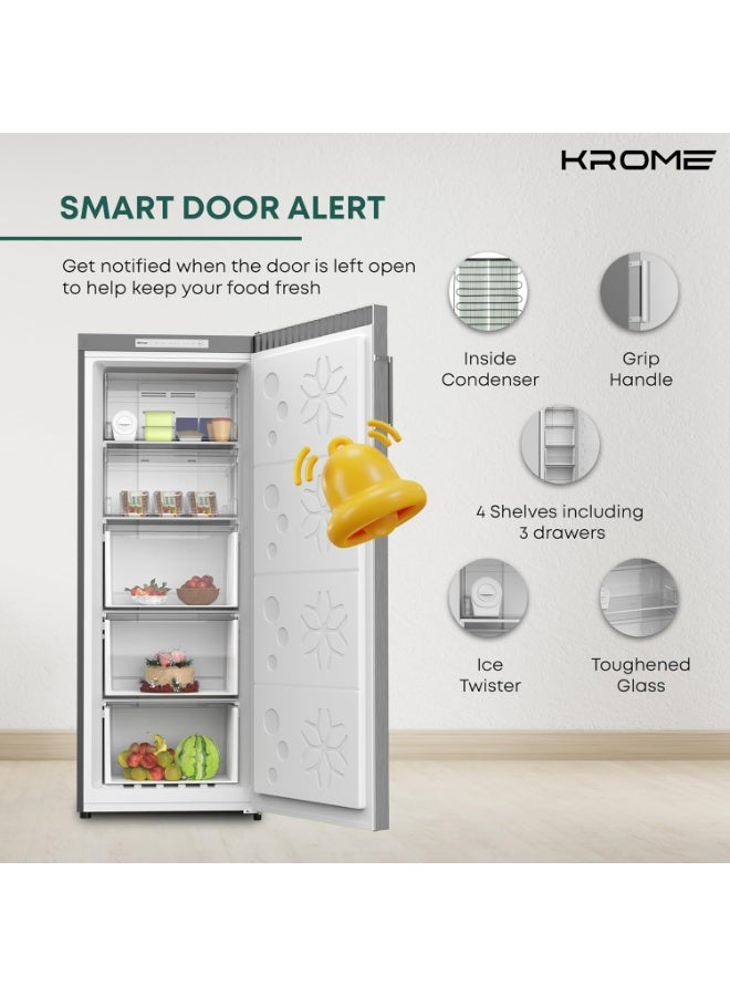 Krome Single Door Upright Freezer, Compact & Stylish Design, Electronic Touch Temperature Control, Energy-Efficient with 3 Drawers & 4 Shelves, Modern INOX Finish, Smart Door Alarm - KR-UF 220IM Silver - Image 5