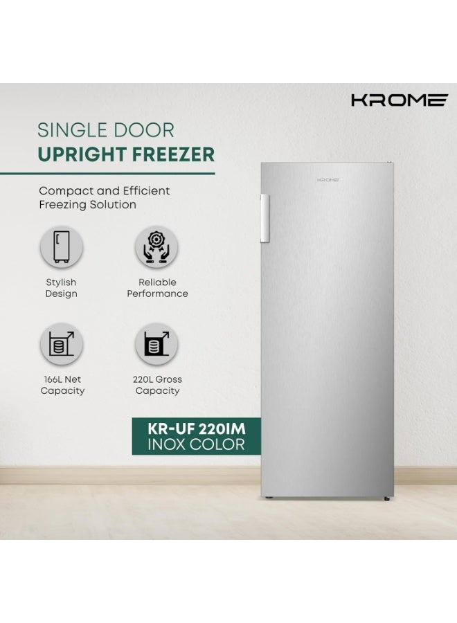Krome Single Door Upright Freezer, Compact & Stylish Design, Electronic Touch Temperature Control, Energy-Efficient with 3 Drawers & 4 Shelves, Modern INOX Finish, Smart Door Alarm - KR-UF 220IM Silver - Image 2