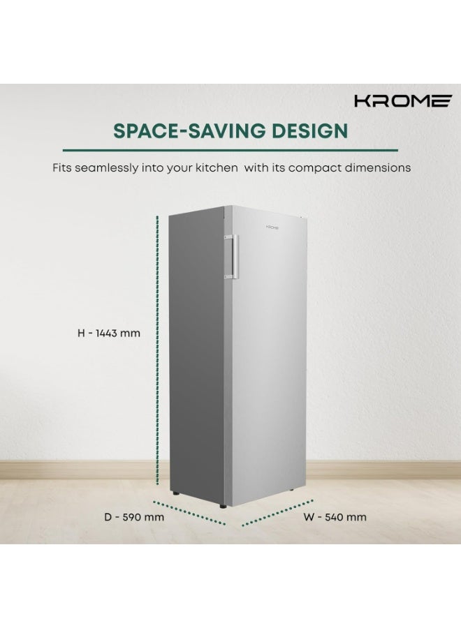 Krome Single Door Upright Freezer, Compact & Stylish Design, Electronic Touch Temperature Control, Energy-Efficient with 3 Drawers & 4 Shelves, Modern INOX Finish, Smart Door Alarm - KR-UF 220IM Silver - Image 3