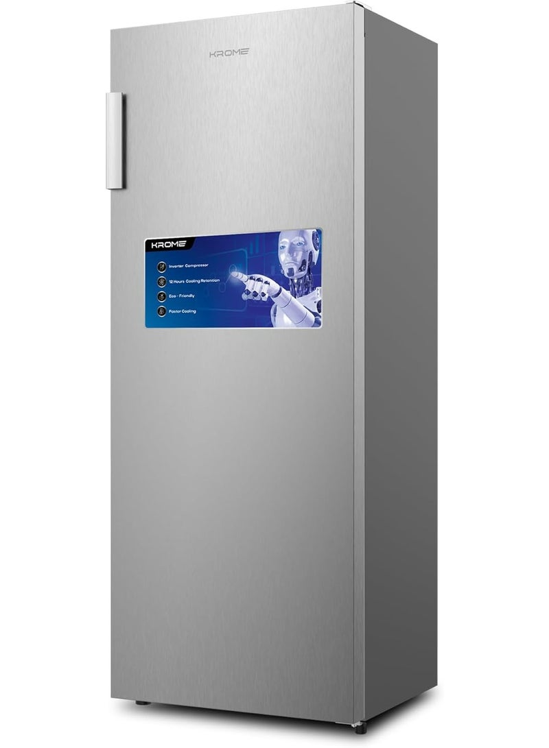 Krome Single Door Upright Freezer, Compact & Stylish Design, Electronic Touch Temperature Control, Energy-Efficient with 3 Drawers & 4 Shelves, Modern INOX Finish, Smart Door Alarm - KR-UF 220IM Silver - Image 1
